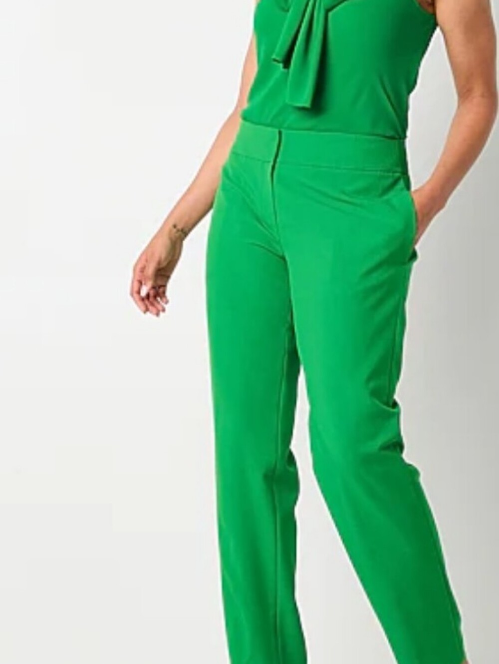 3pc Le Suit Kelly Green Pantsuit 16W/14W & Matching Sleeveless Tie Neck Blouse
